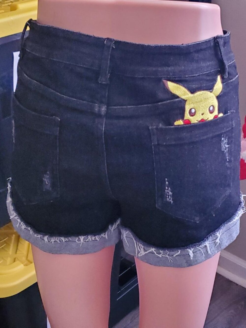Silk & Lace Anime Pikachu Embroidered Denim Cutoff Shorts - Picture 6 of 7